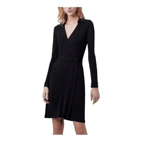 Diane Von Furstenburg New Jeanne Two Black Crepe Wrap Tie Plunge Dress Sz Xs-Sm - Picture 14 of 15